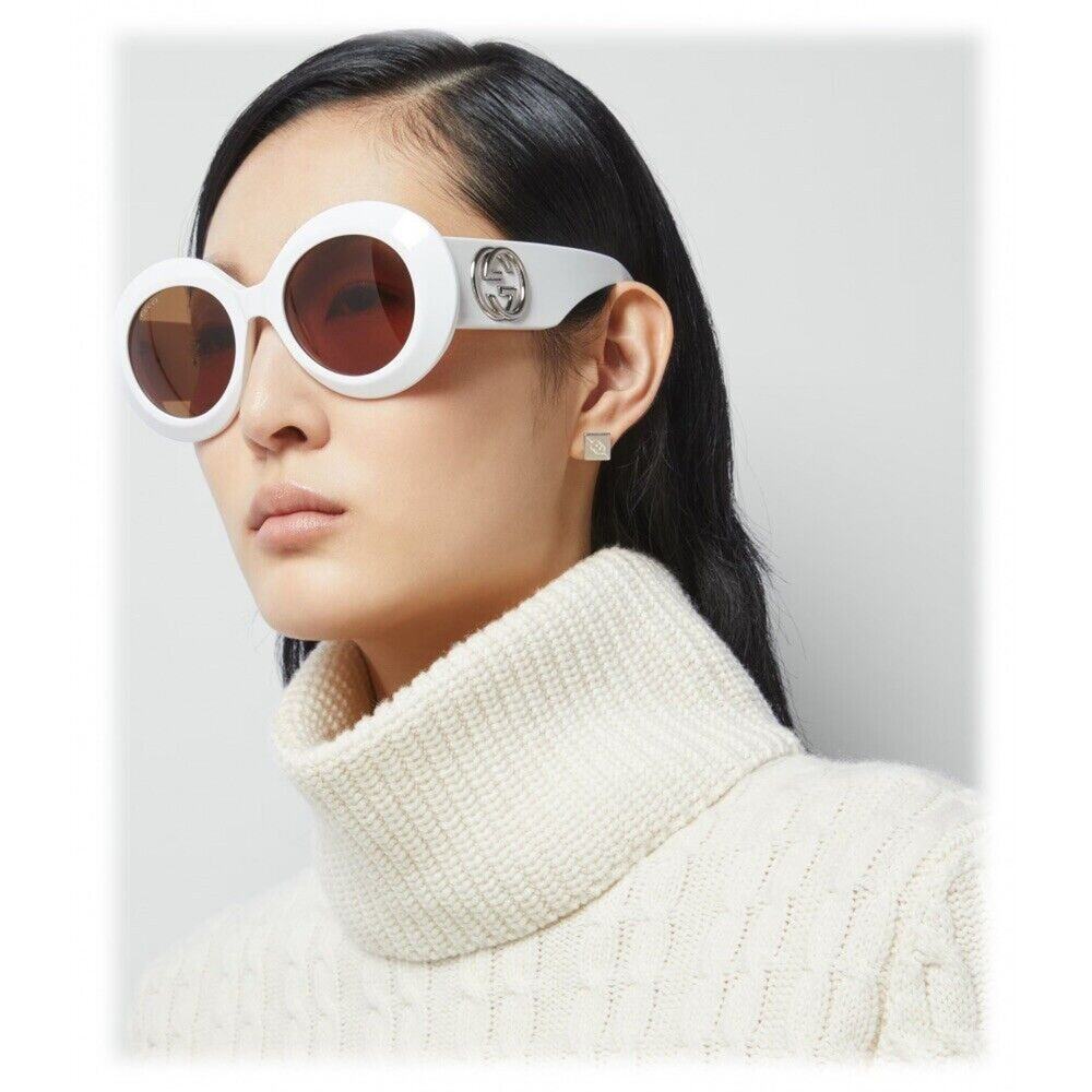 GUCCI GG1647S 003 White Silver Brown Lens Round Sunglasses Women AUTHENTIC